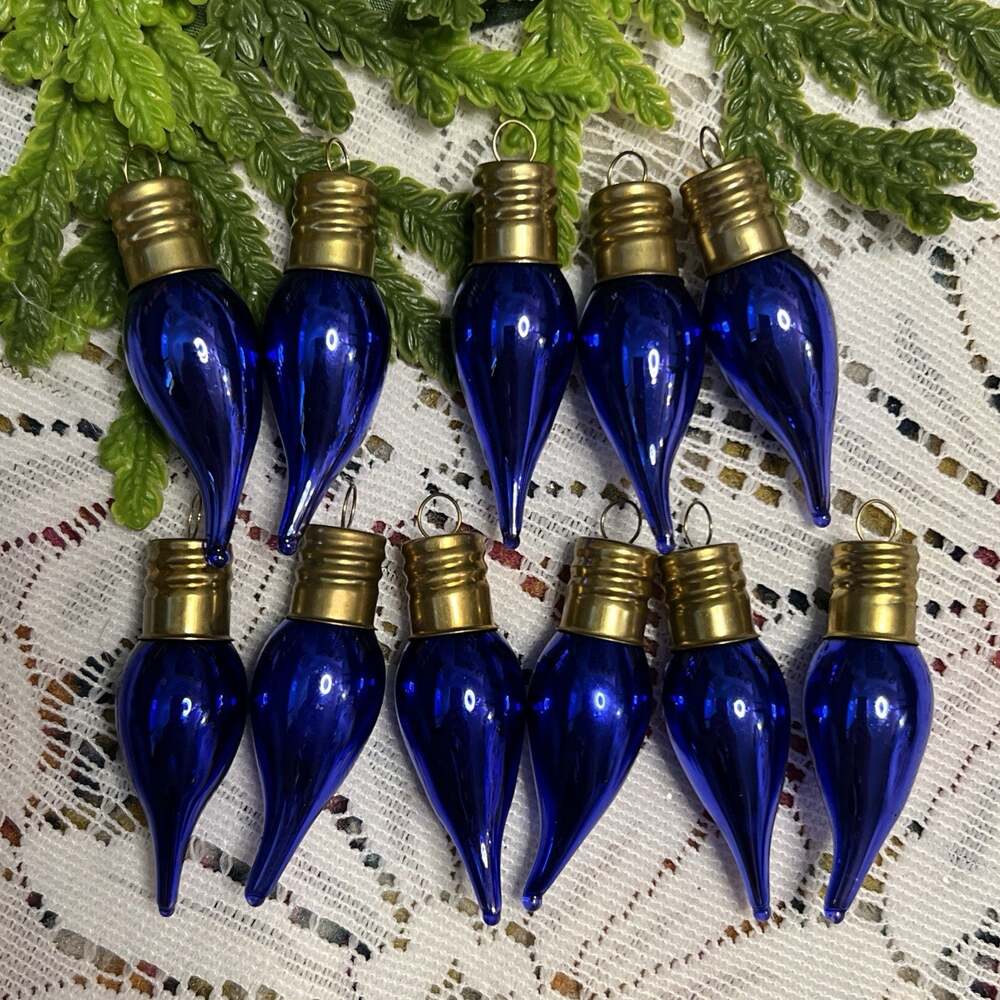 Glass Christmas Candle Bulb Flame Tip Shaped Ornaments Set of 11 Cobalt Blue 2”